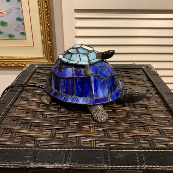 Vintage Stained Glass and Brass Turtle Piggybacking Baby Turtle Table Lamp - Picture 1 of 11